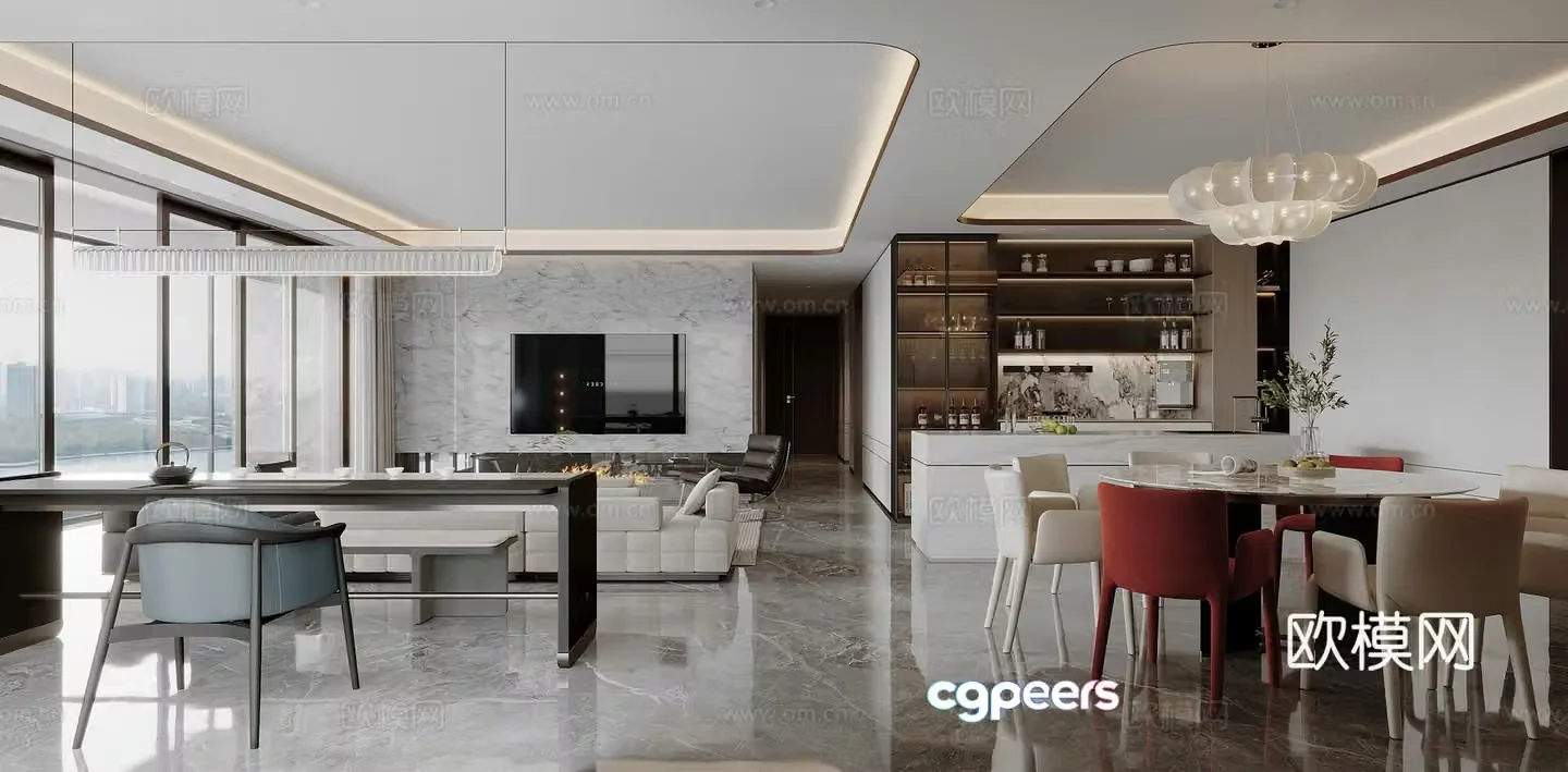Modern Cream Living and Restaurant 3D Model