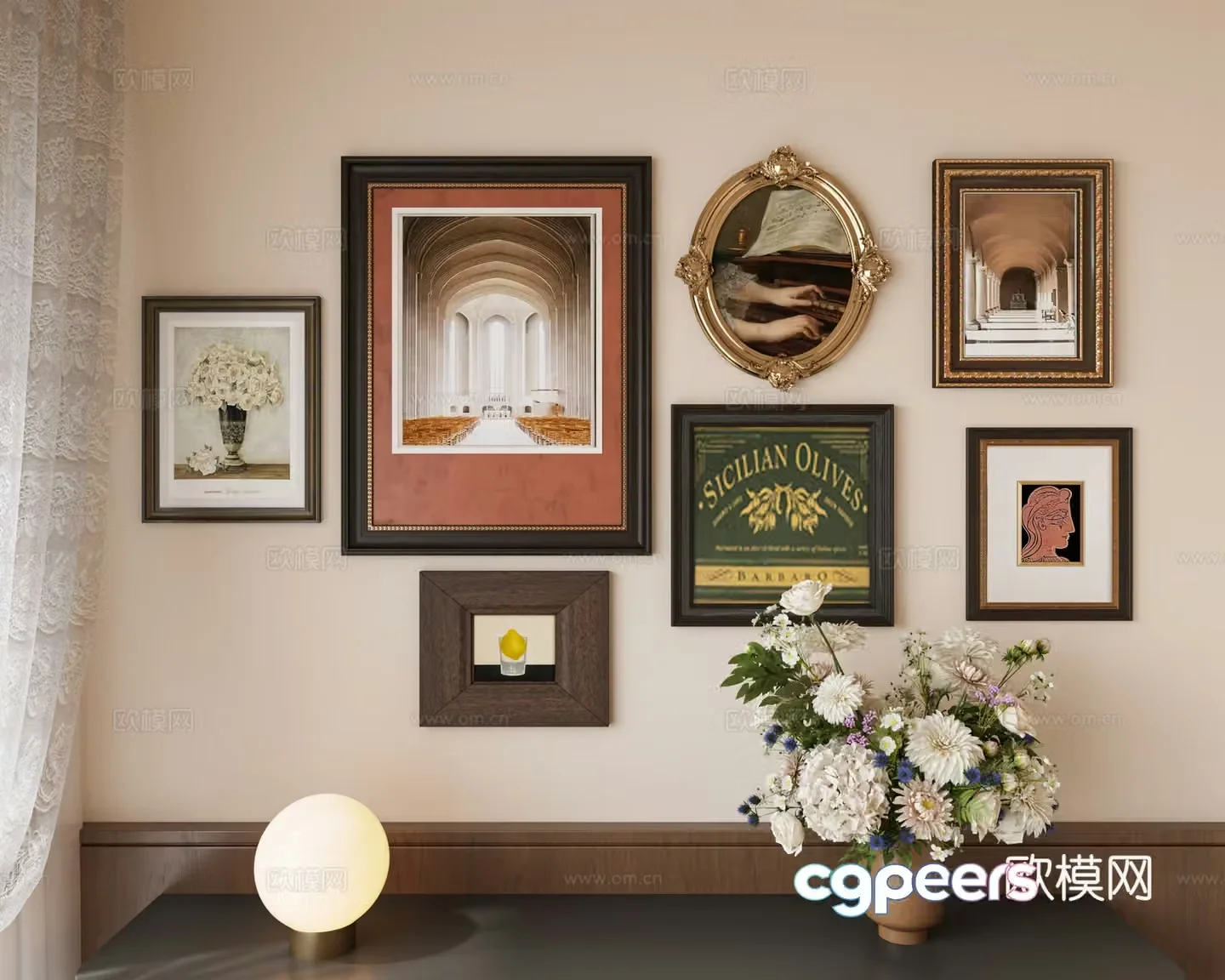Modern medieval style decorative paintings retro ornaments combinations French decorative paintings gauze curtains vases 3D models