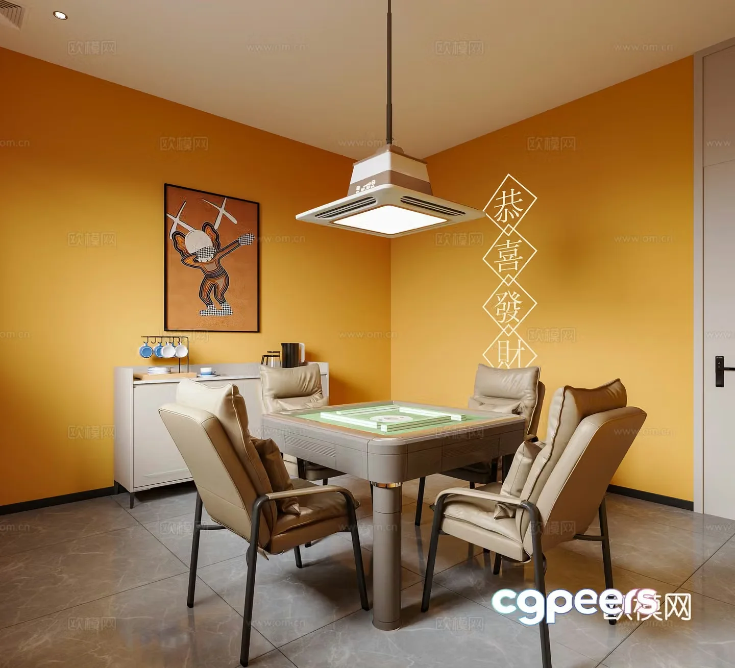 Modern chess and card room Mahjong hall Chess and card table Mahjong table Leisure sofa Chess and card room chandeliers 3D model