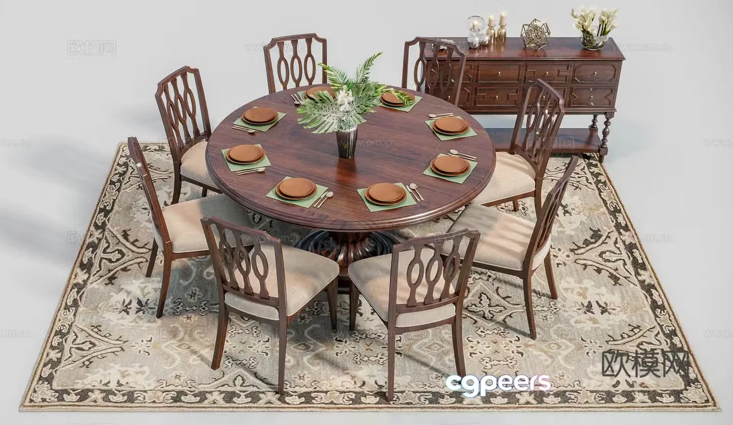 American solid wood dining table and chair combination 3D model