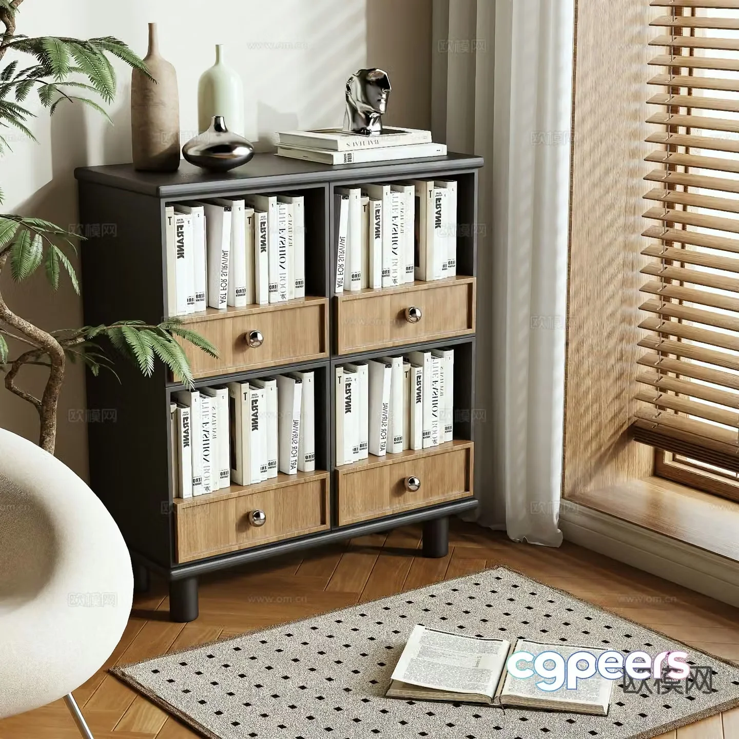 Wabi-sabi bookcase low cabinet 3d model