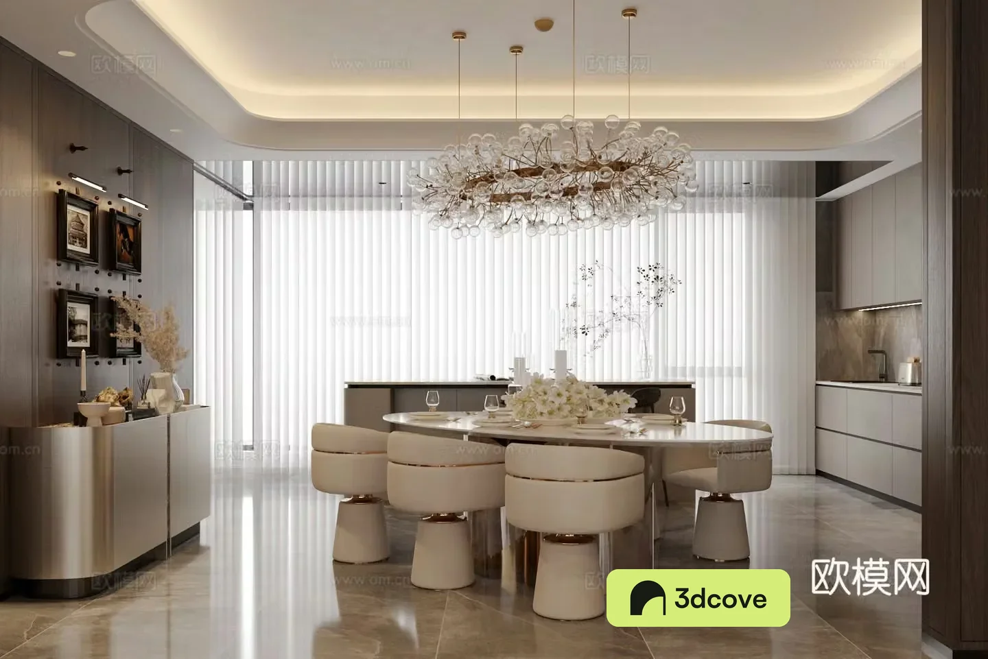 Modern Italian island restaurant Round table restaurant Marble dining table floral vase Dining chair