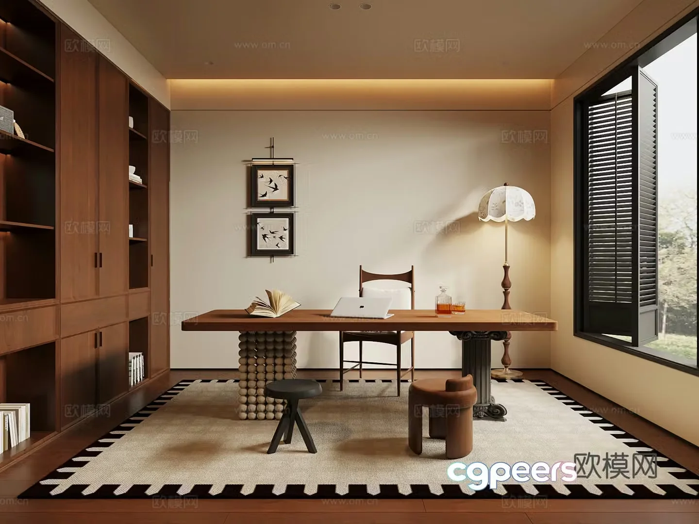 Middle-aged study room desk and chair bookcase 3d model