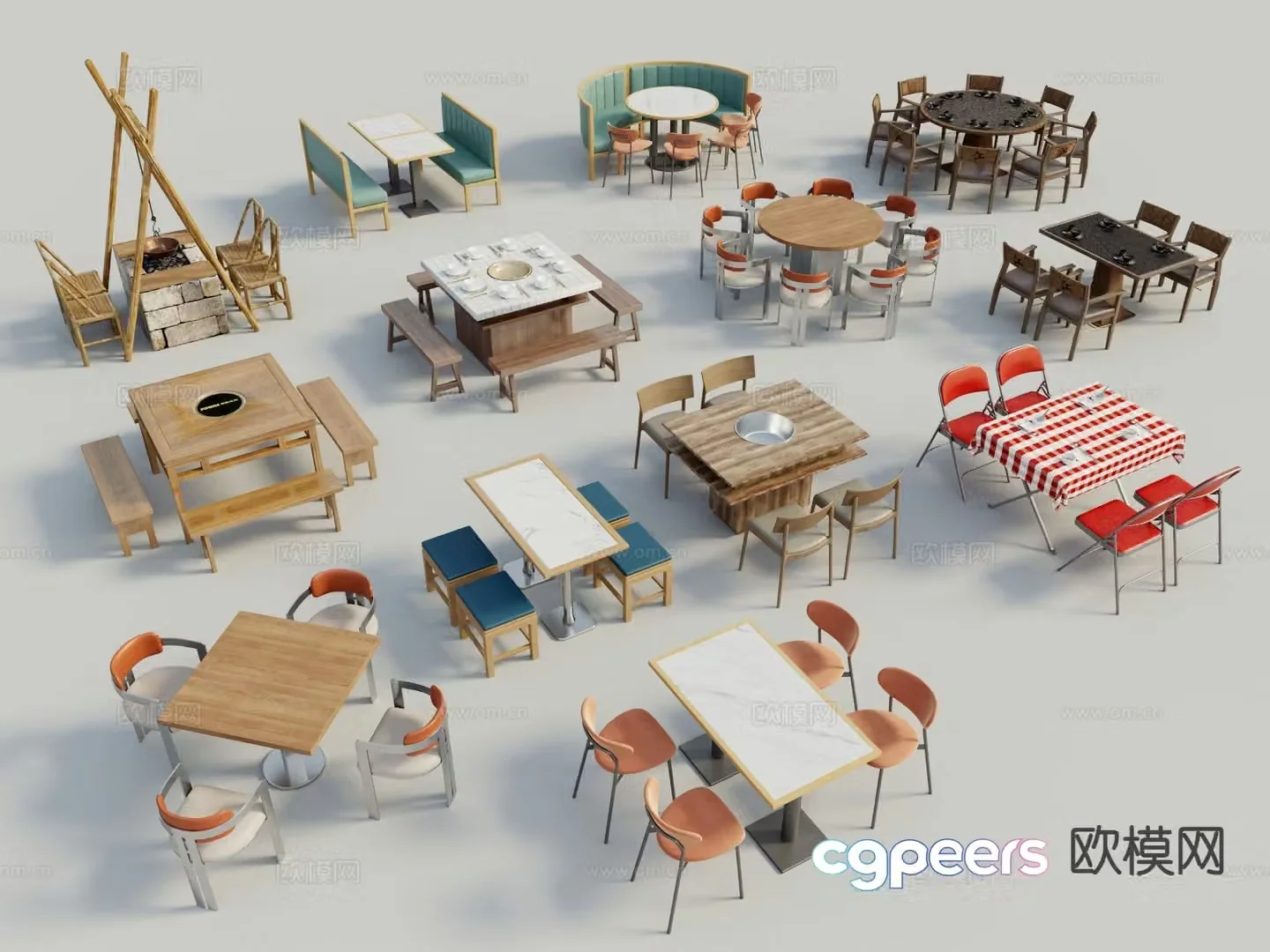 Modern hot pot table dining table and chairs 3d model