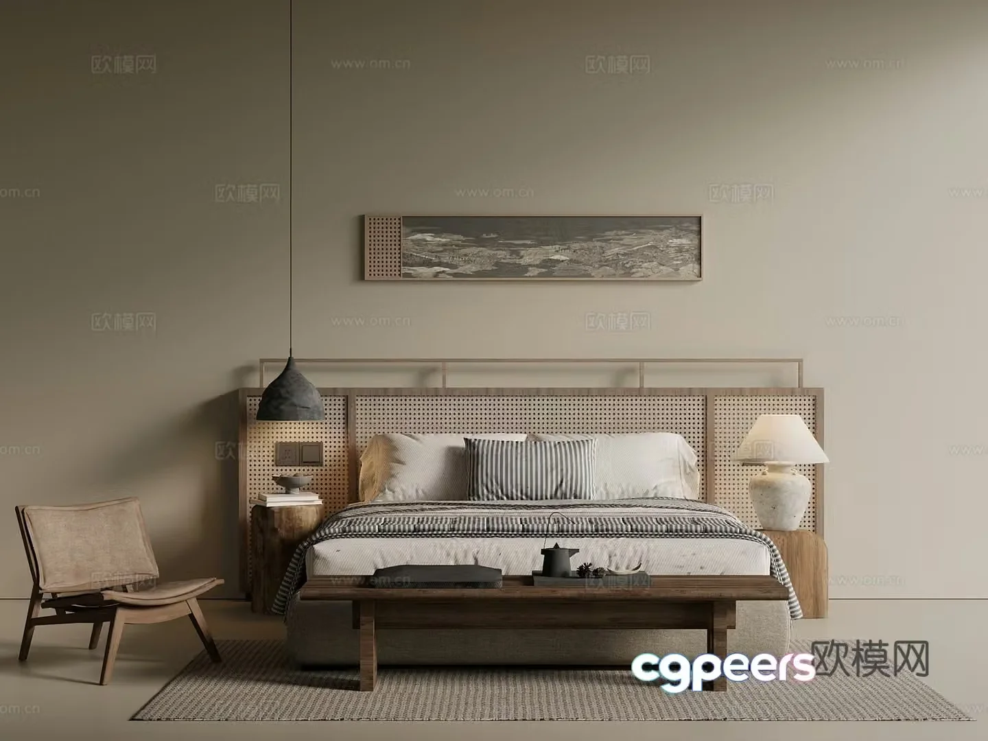 Middle Ages Wabi Sagi Double Bed Fabric Bed Leather Bed Solid Wood Bed Master Bed Vine 3D Model