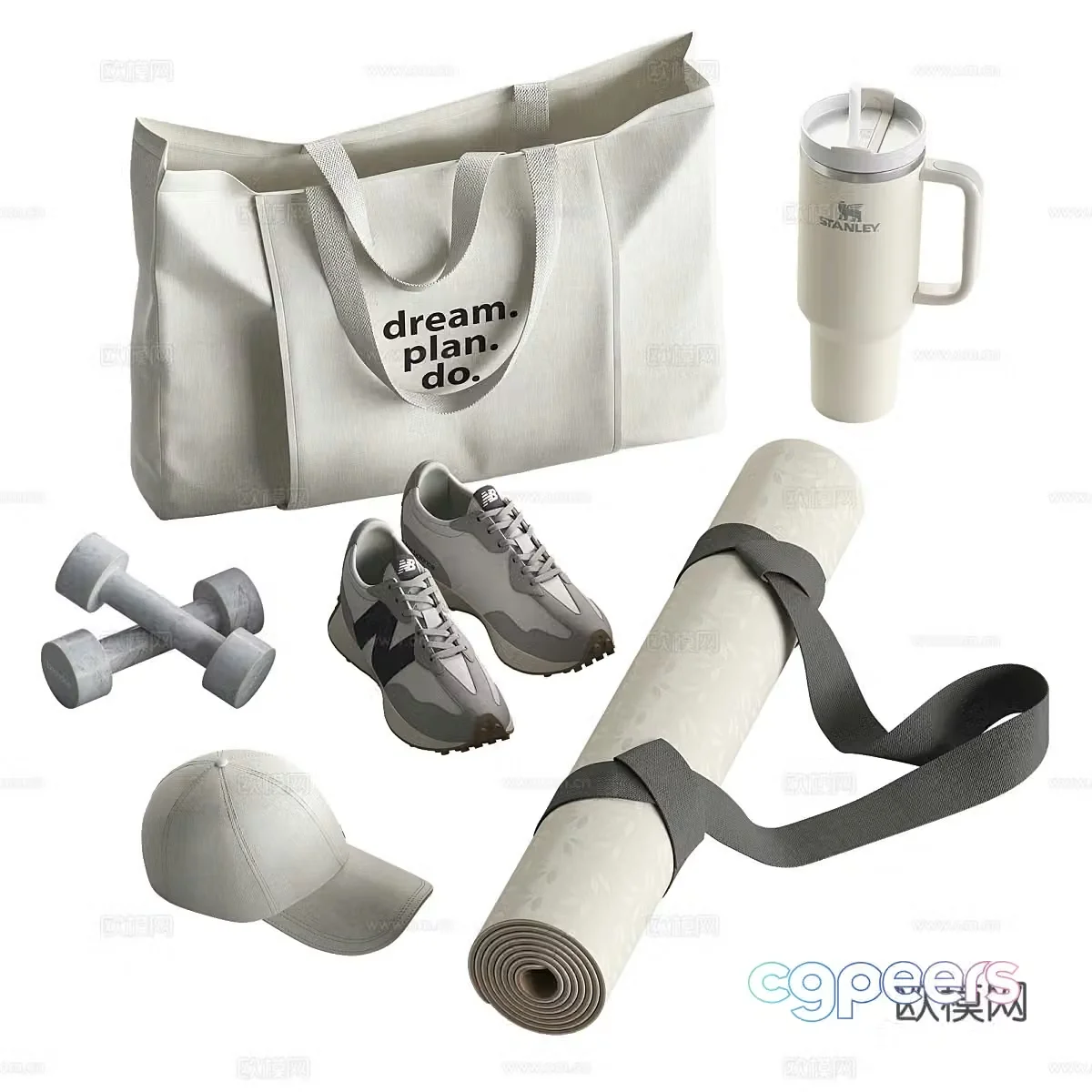 Modern cream style fitness clothing shoes and hat set 3d model