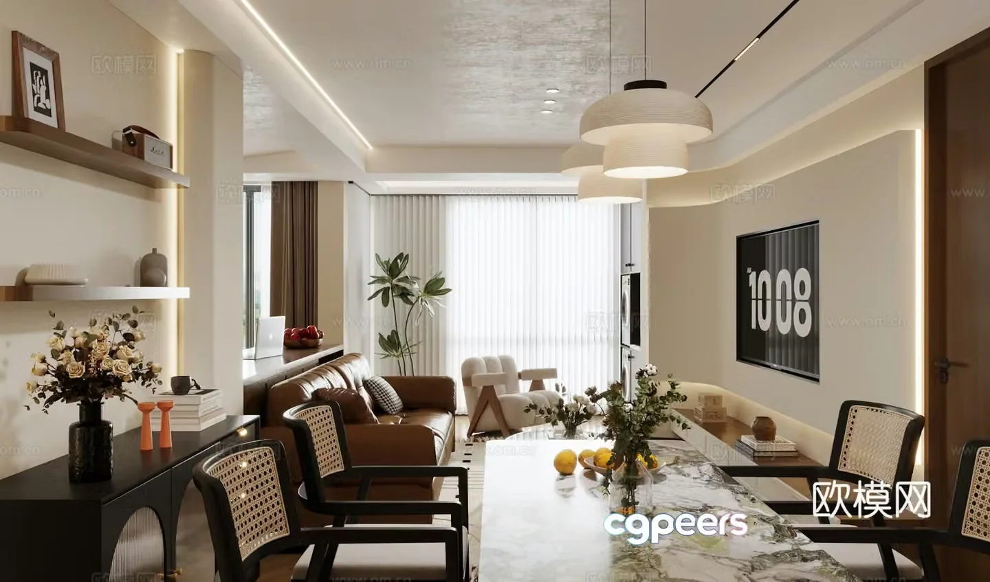 Middle style living room large flat floor living room sofa and coffee table combination middle style dining table and chair 3D model