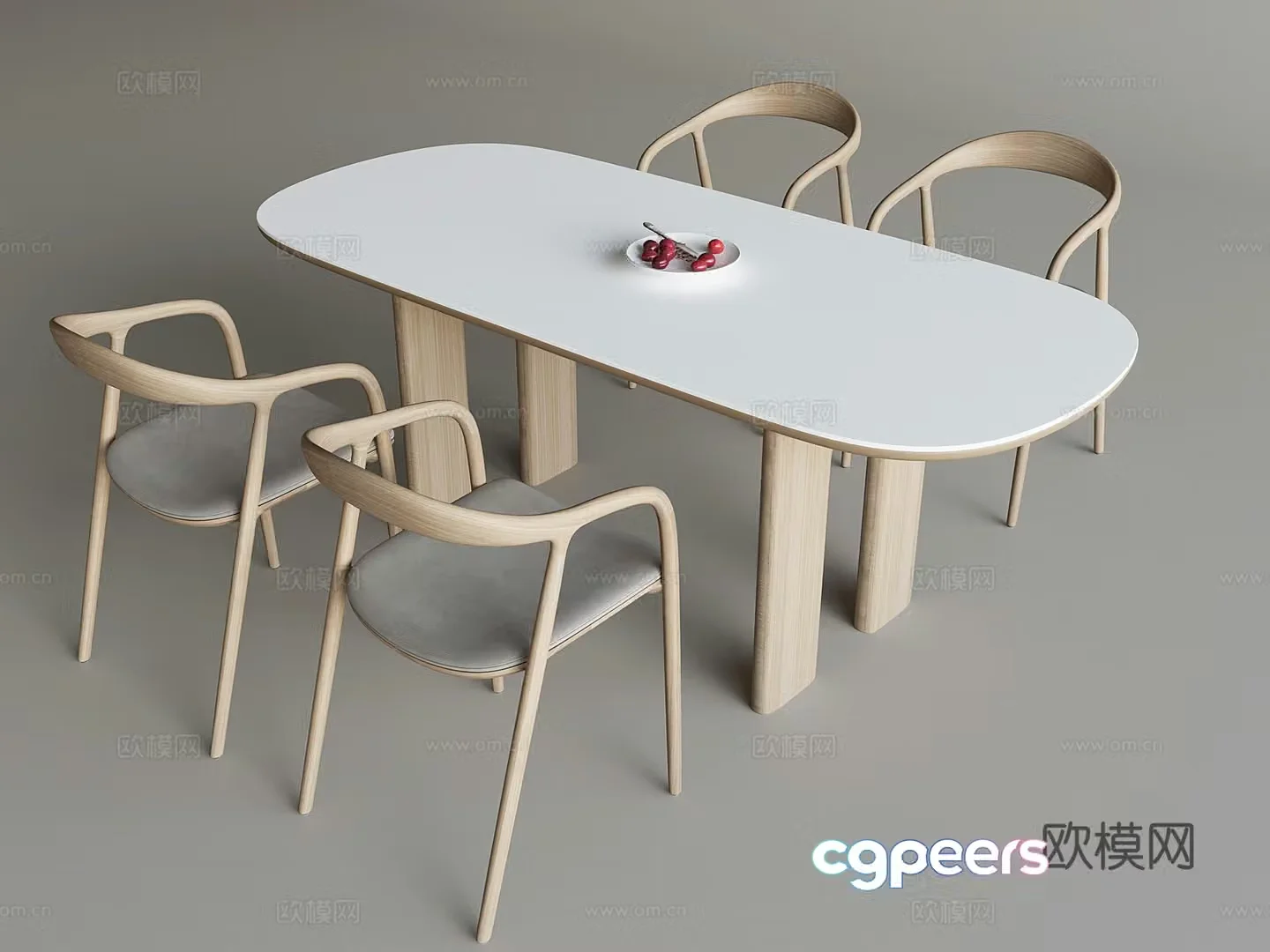 Creamy dining table and chair combination Solid wood dining table and chair armchair 3D model