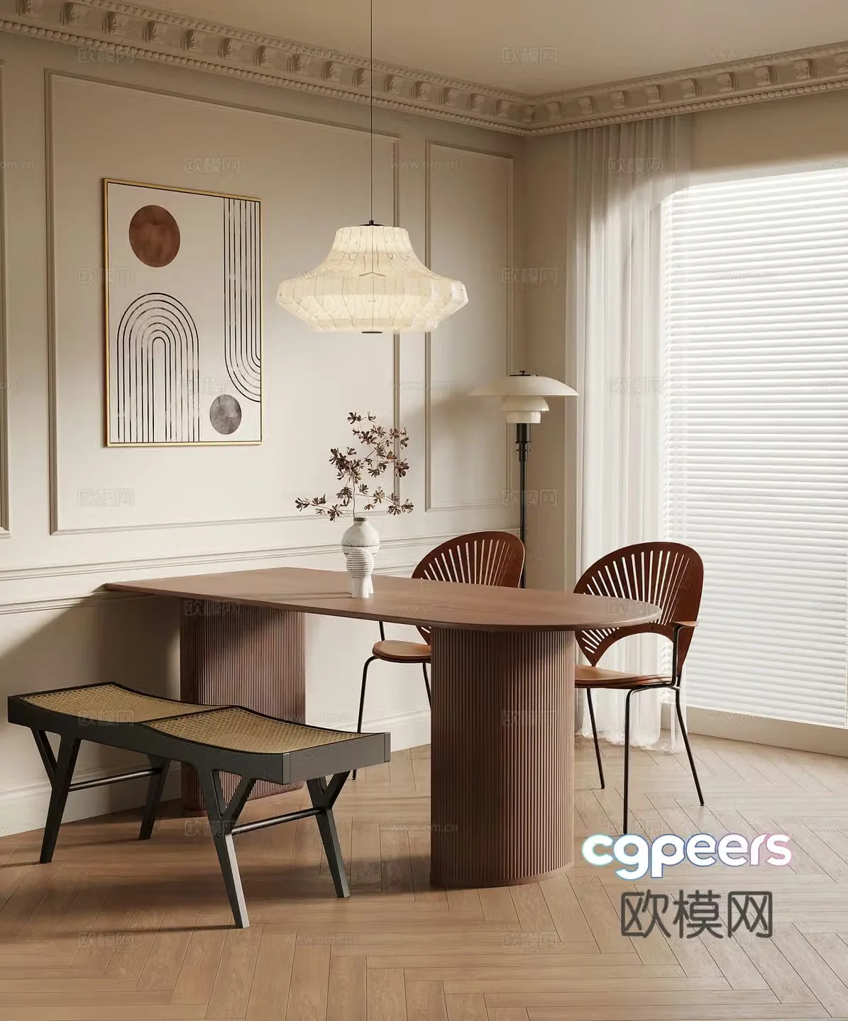 French medieval restaurant dining table and chair combination 3D model