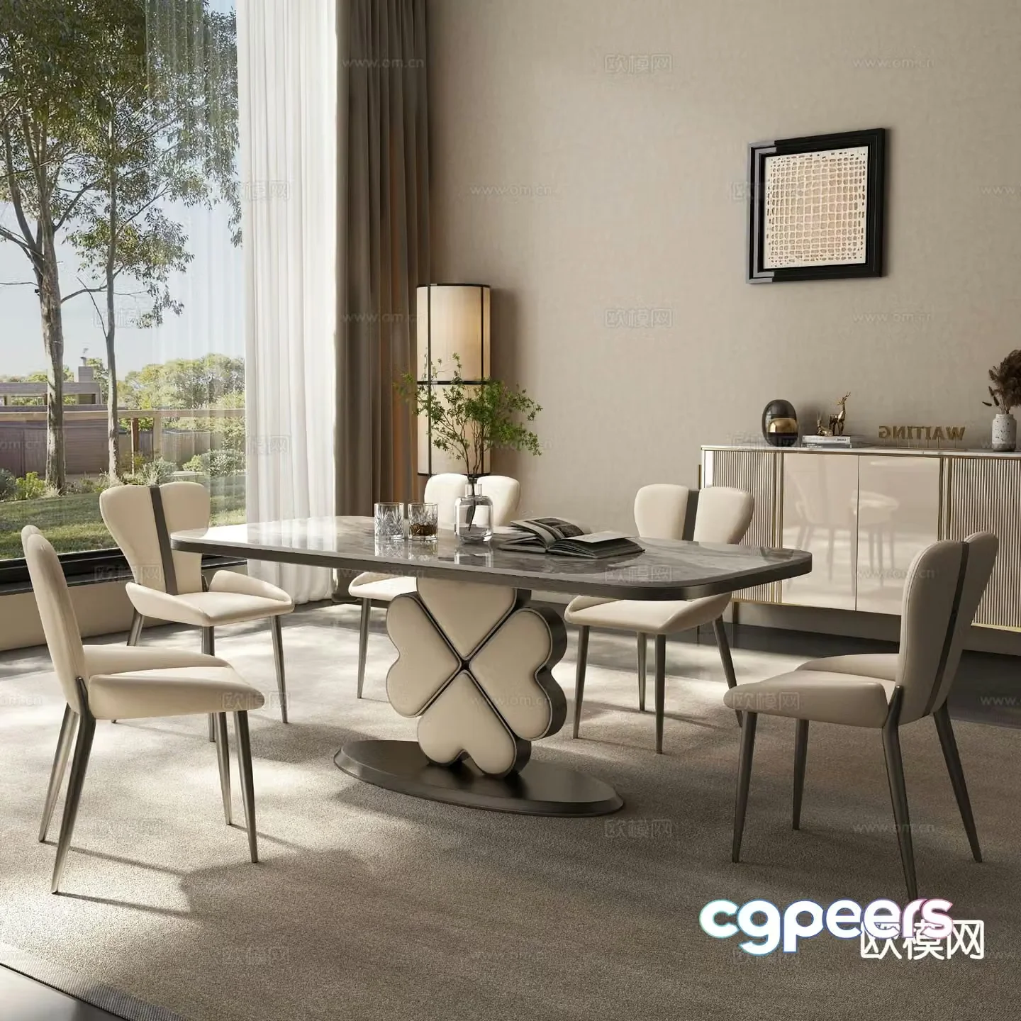 Modern long dining table and chairs 3d model