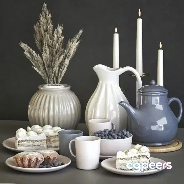 3ds Max Free – A set of dishes IKEA with cake, muffins and dried flowers
