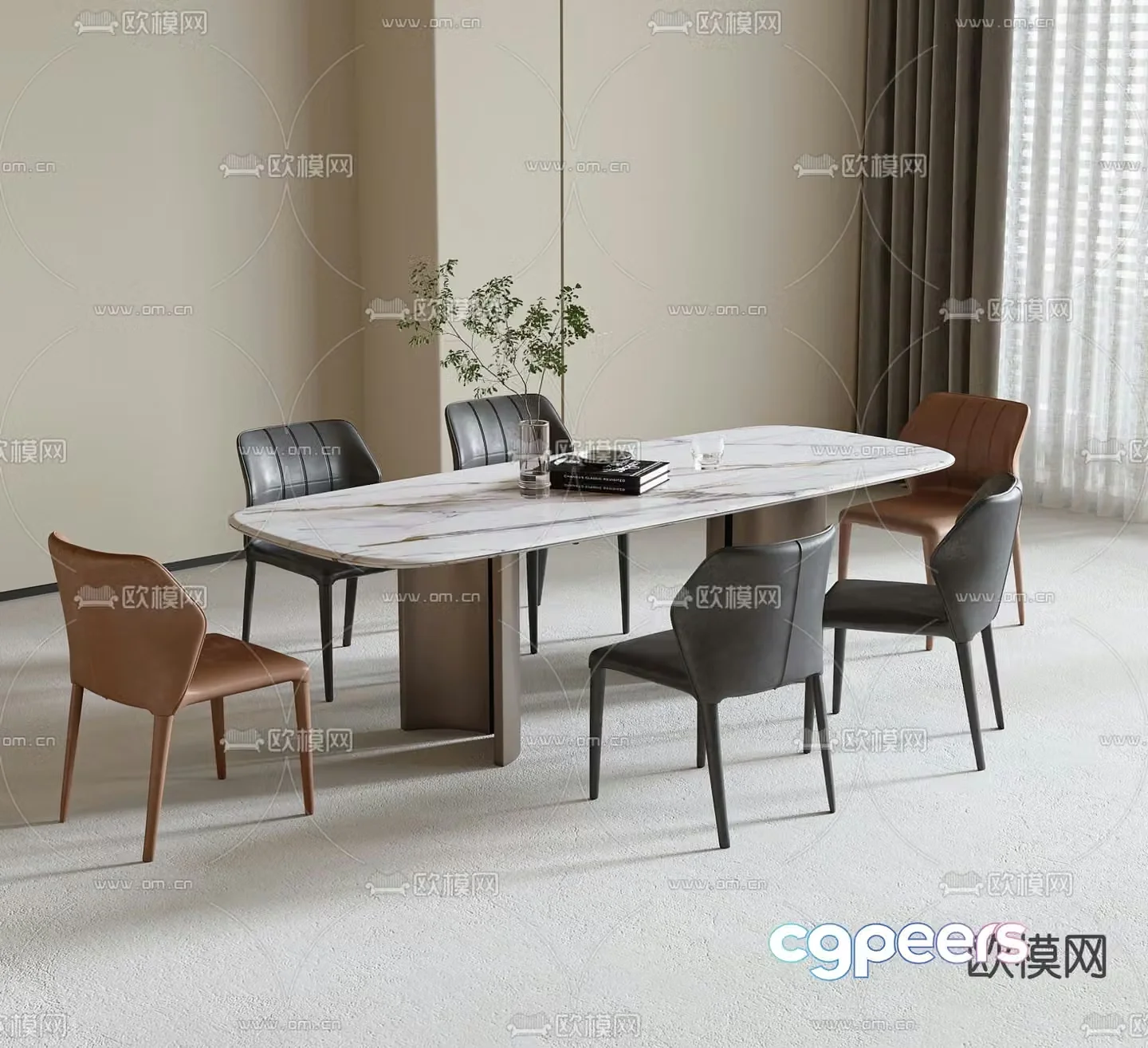 Long dining table and chairs 3d model
