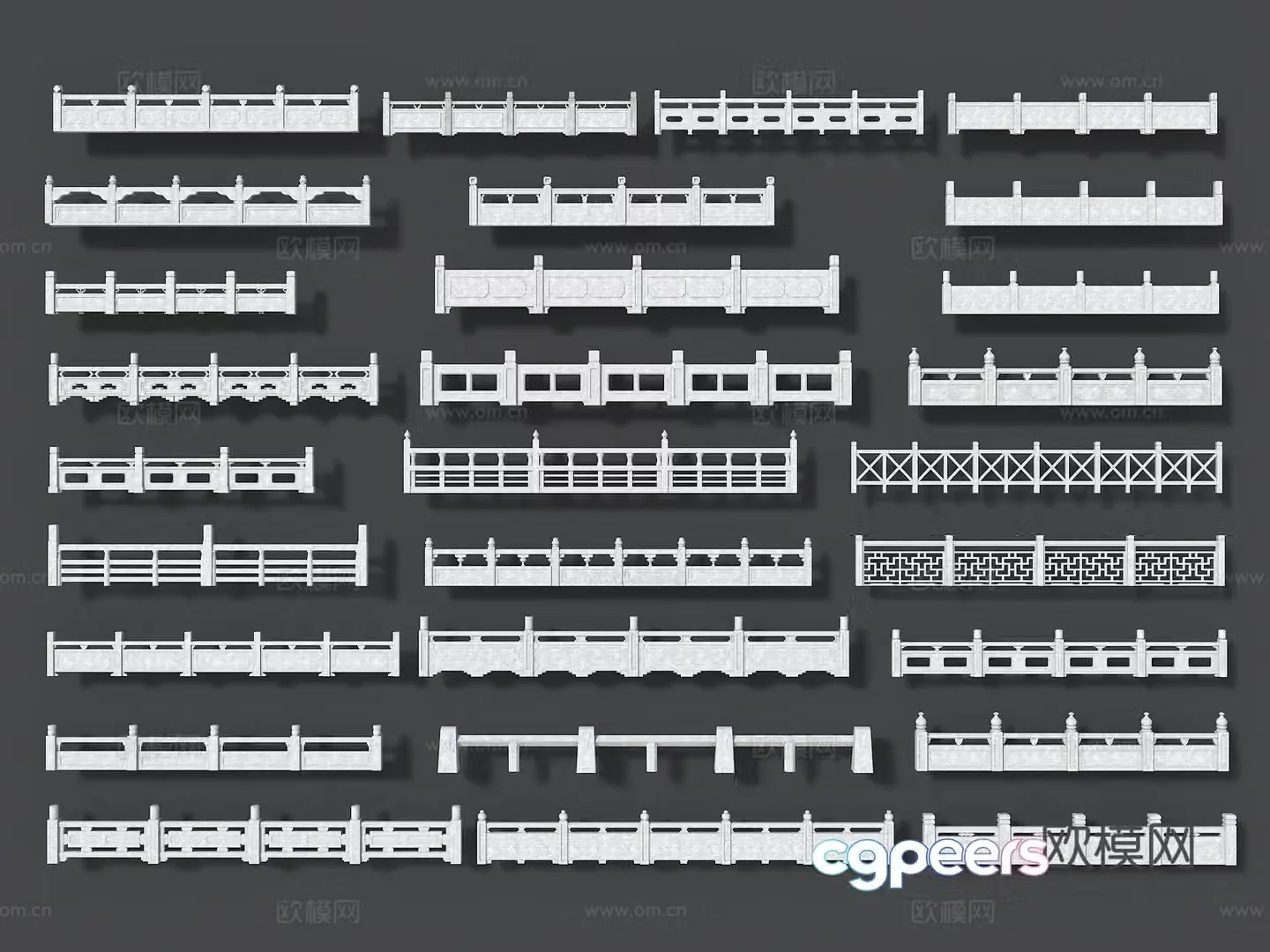 Chinese style stone railings bridge railings river guardrails railings white marble railings stone railings 3d model