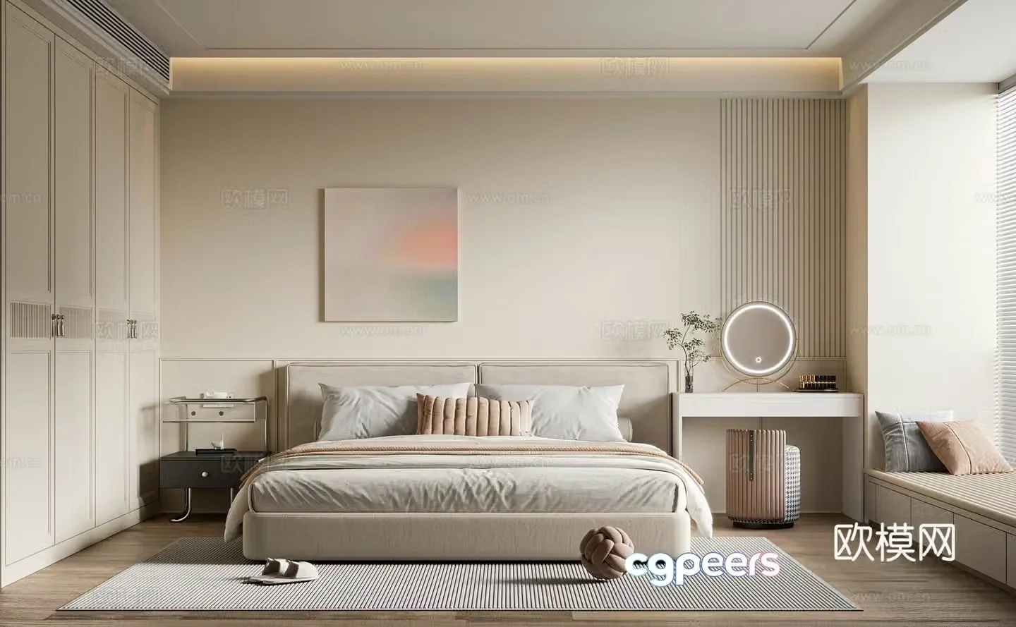 Modern creamy bedroom master bedroom double bed wardrobe dressing table hanging painting 3d model