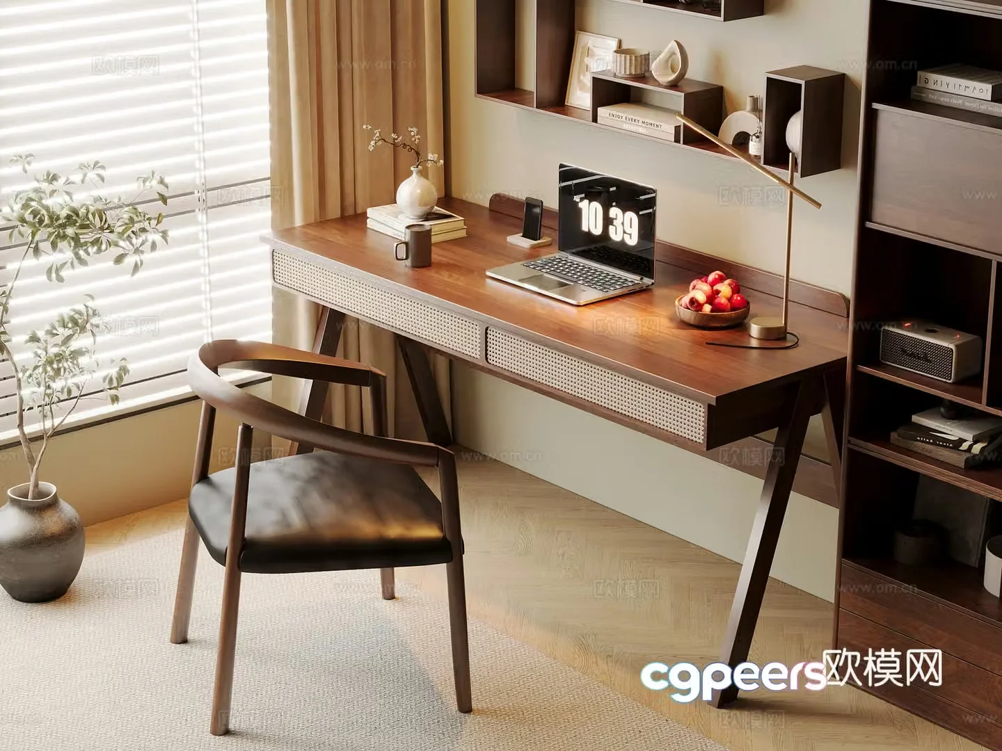 Middle-aged style desk and chair solid wood computer desk and chair writing desk study desk and chair solid wood single chair bookcase 3D model