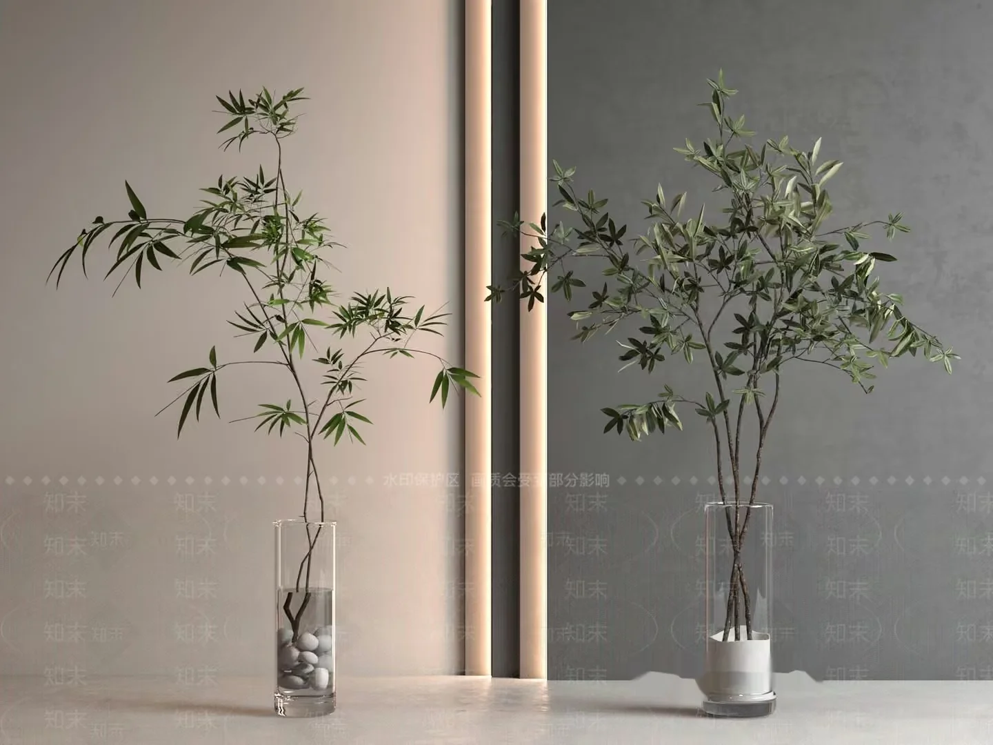 Two Potted Plants In Glass Vases 3D Model – 1630 – VRAY Render