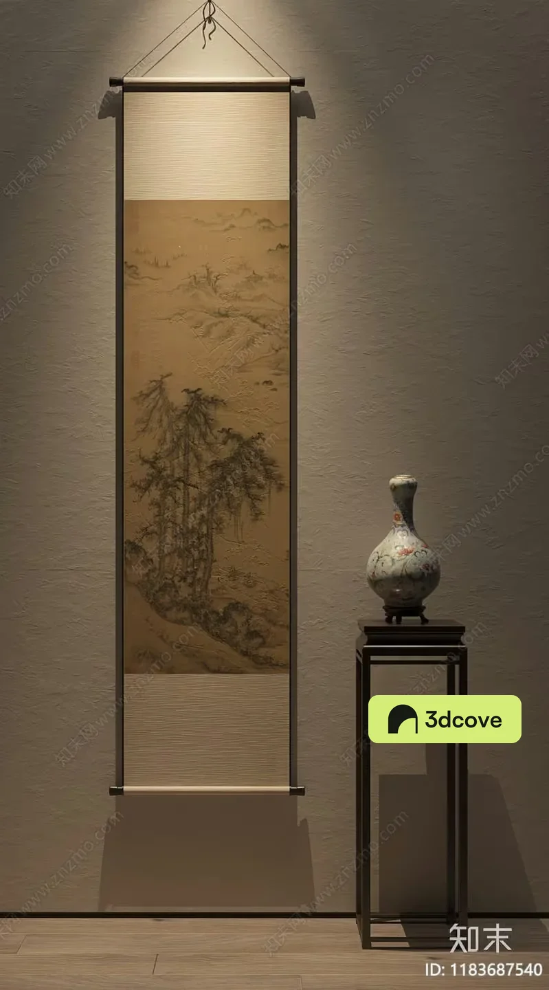 A Chinese-Style Scroll Hanging On A Wall