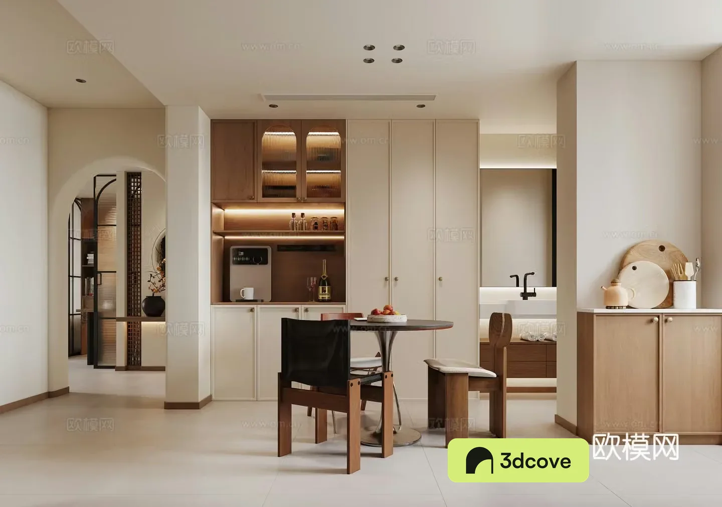 Middle-aged restaurant Middle-aged sideboard Middle-aged round dining table Middle-aged dining chair Arched door hole 3D model