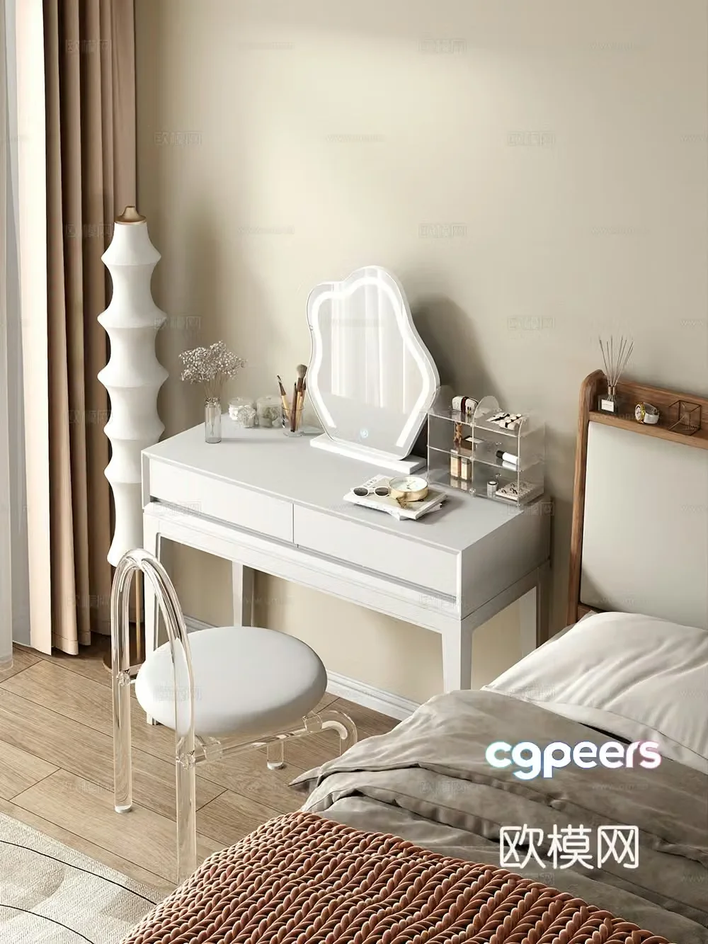 Cream style dressing table makeup stool combination dressing table makeup stool mirror decoration hanging painting 3D model