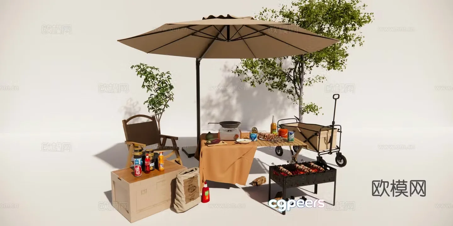 Leisure table and chairs outdoor table and chairs barbecue food parasol 3d model