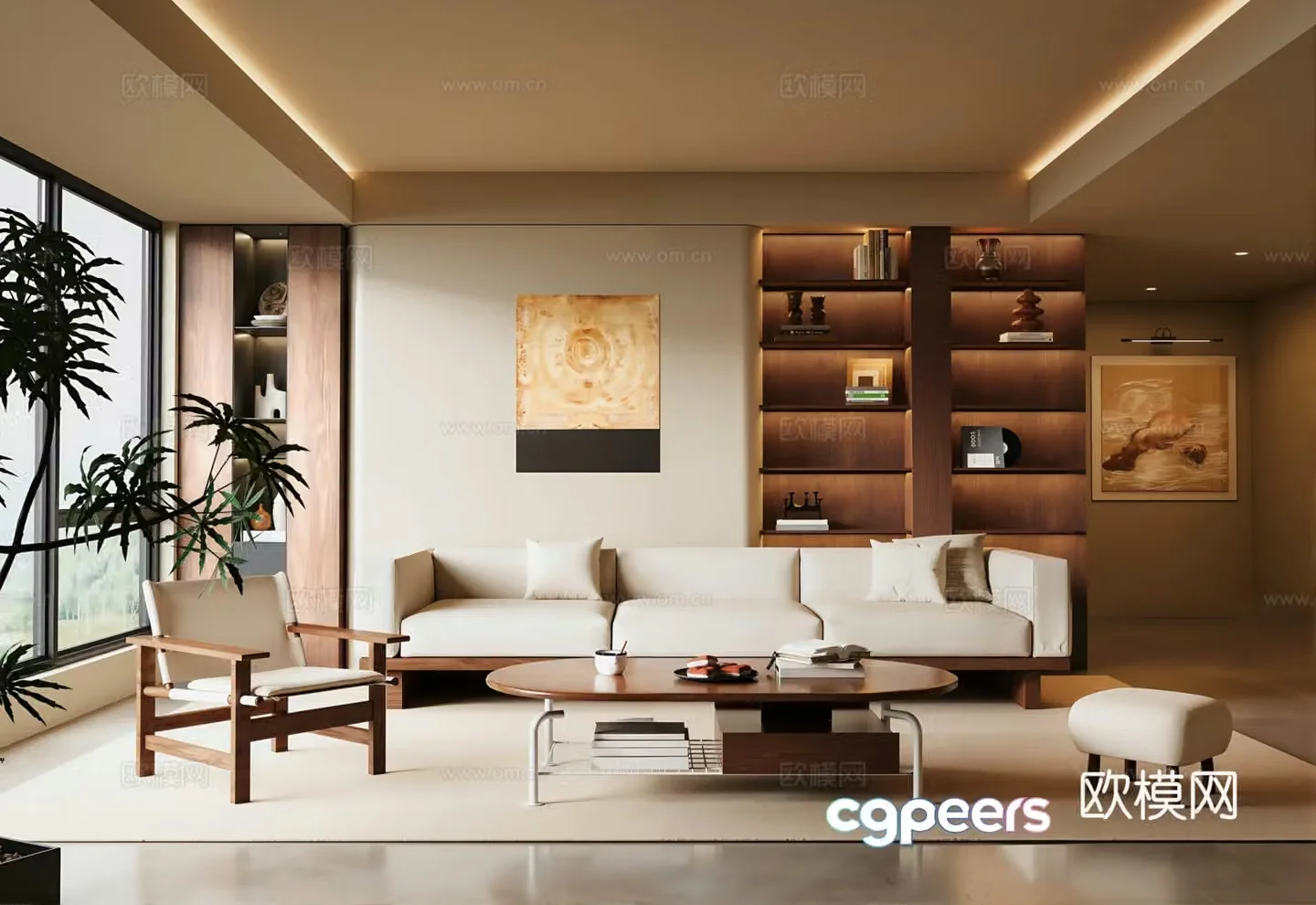 Middle style living room sofa background wall decorative cabinet decorative painting sofa coffee table combination 3D model