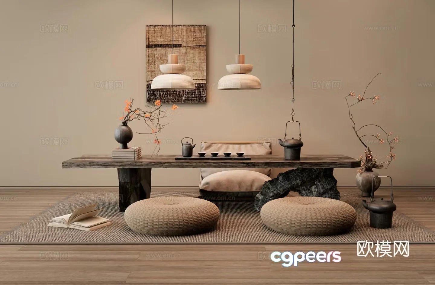 Wasabi tea table and chairs Tatami tea table Solid wood large board tea table cushion Wall decoration painting Vase 3D model
