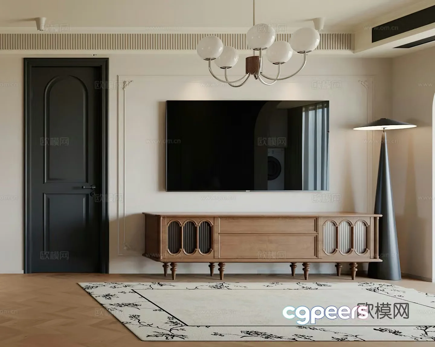 Middle style TV cabinet French TV cabinet TV background wall living room chandelier floor lamp 3d model