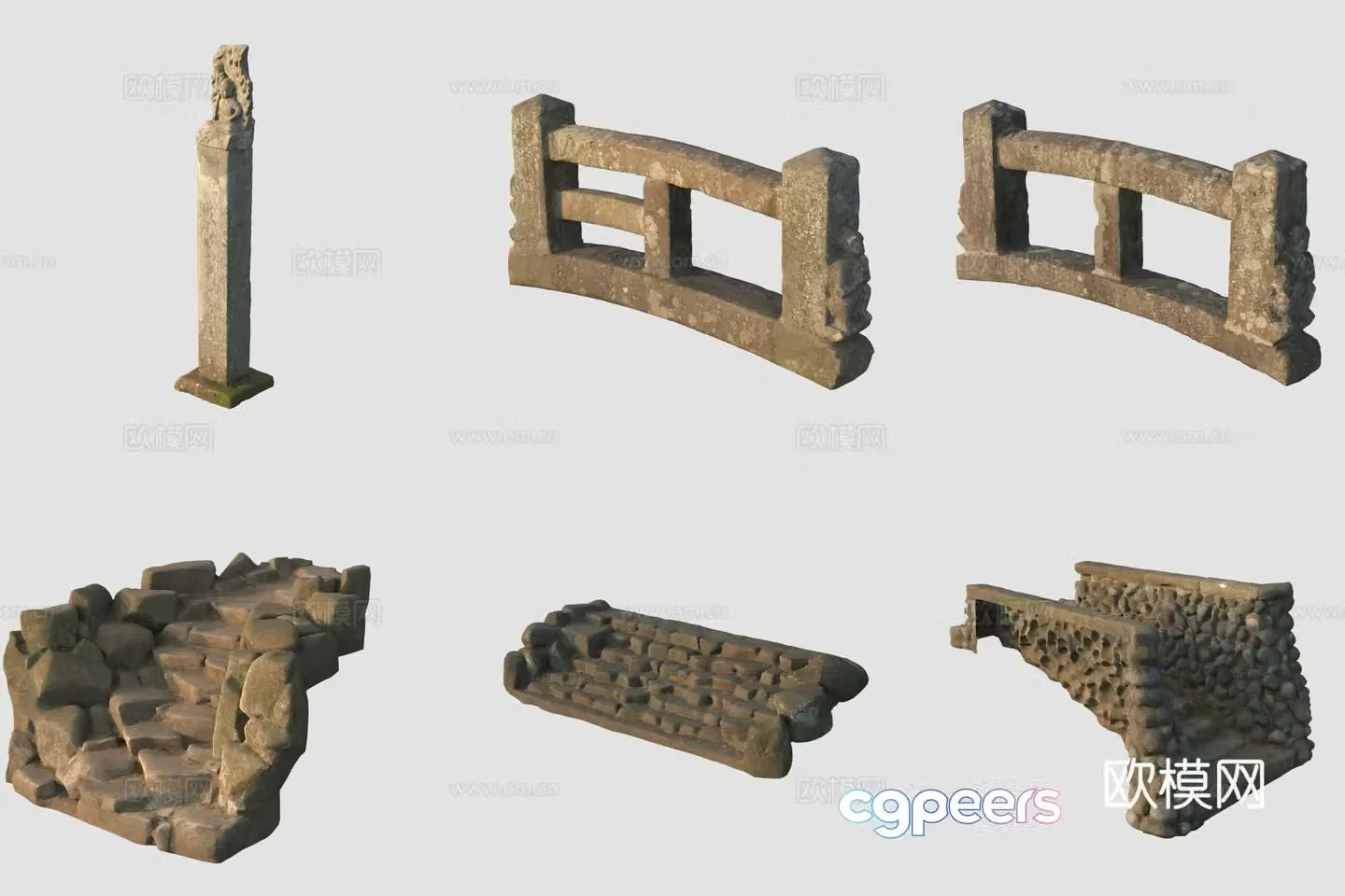 Ancient stone carving stone pillars and stone stele stone bridge steps railing 3D model