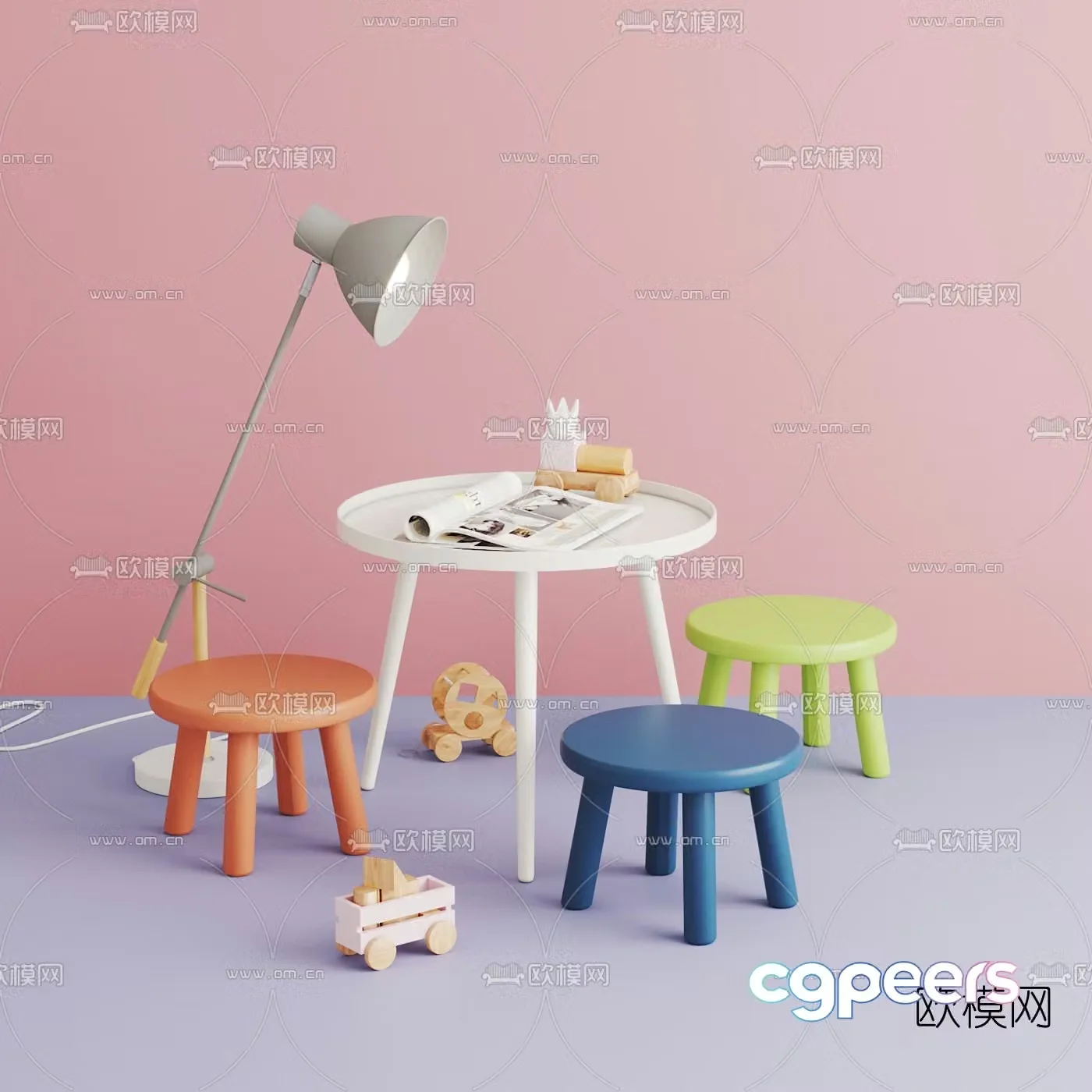 Modern colorful children’s table and chair combination 3d model