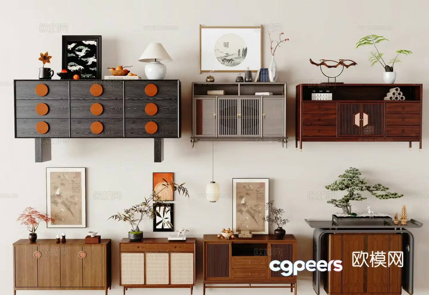 New Chinese style entrance cabinet side cabinet decorative painting New Chinese style accessories 3D model