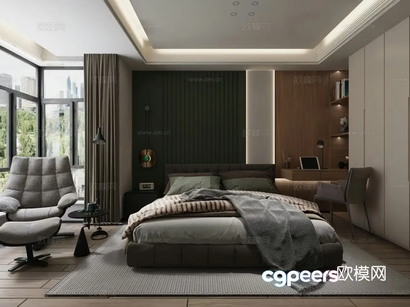 Modern bedroom double bed desk wardrobe leisure chair 3d model