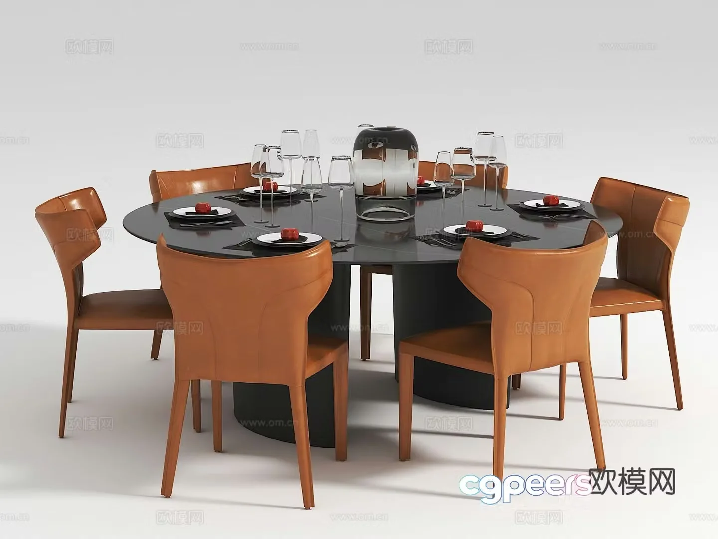Light luxury round dining table and chairs 3D model