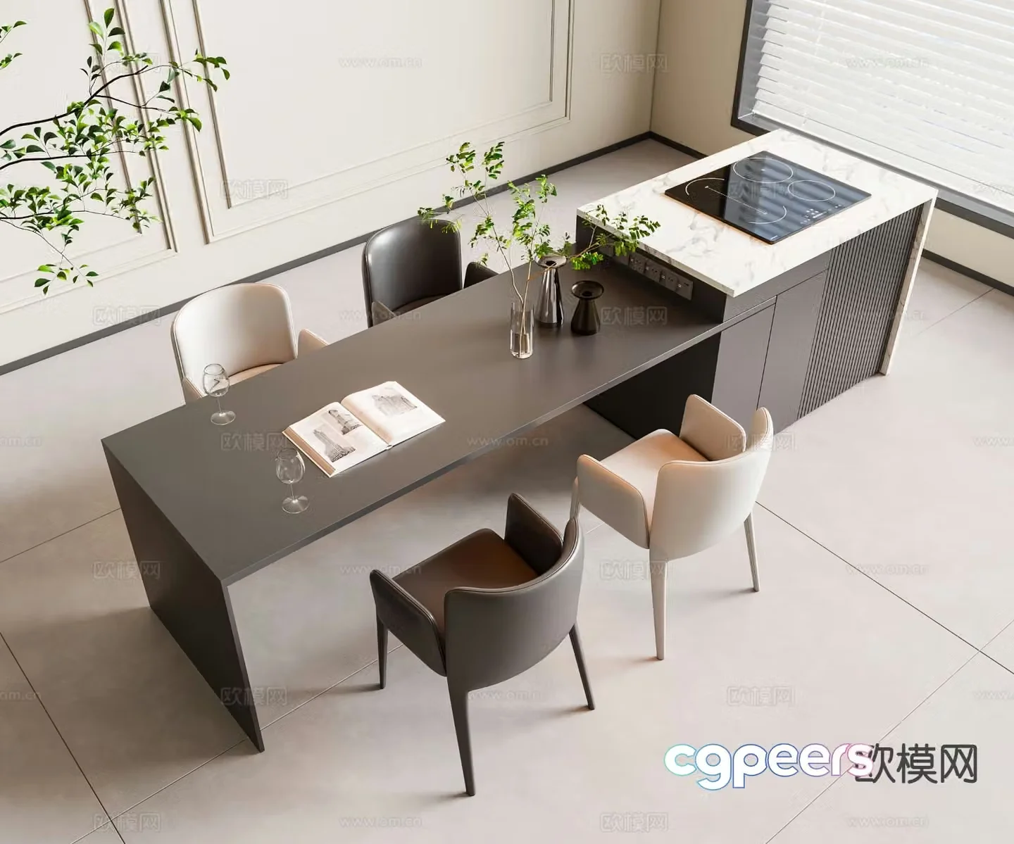 Island dining table and chairs 3d model