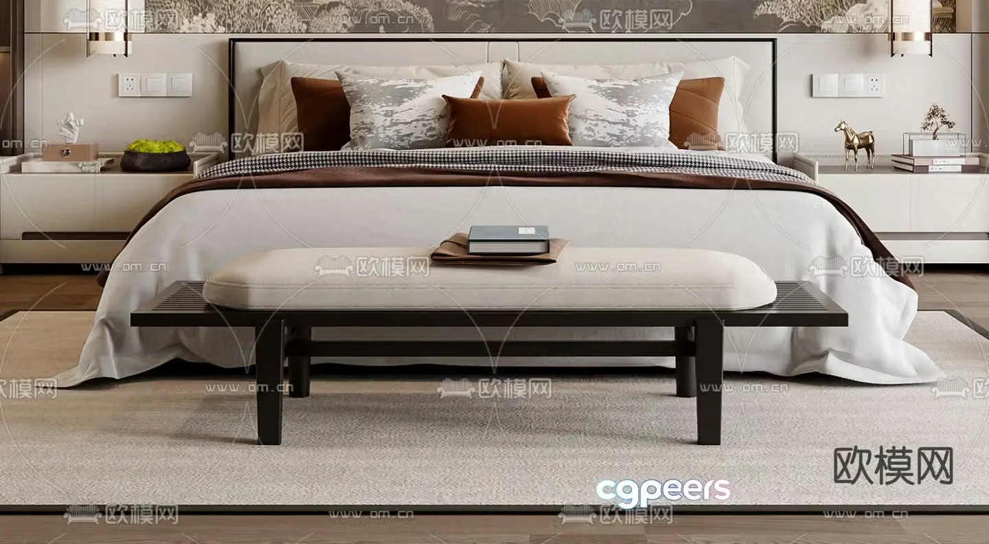 New Chinese style double bed 3d model