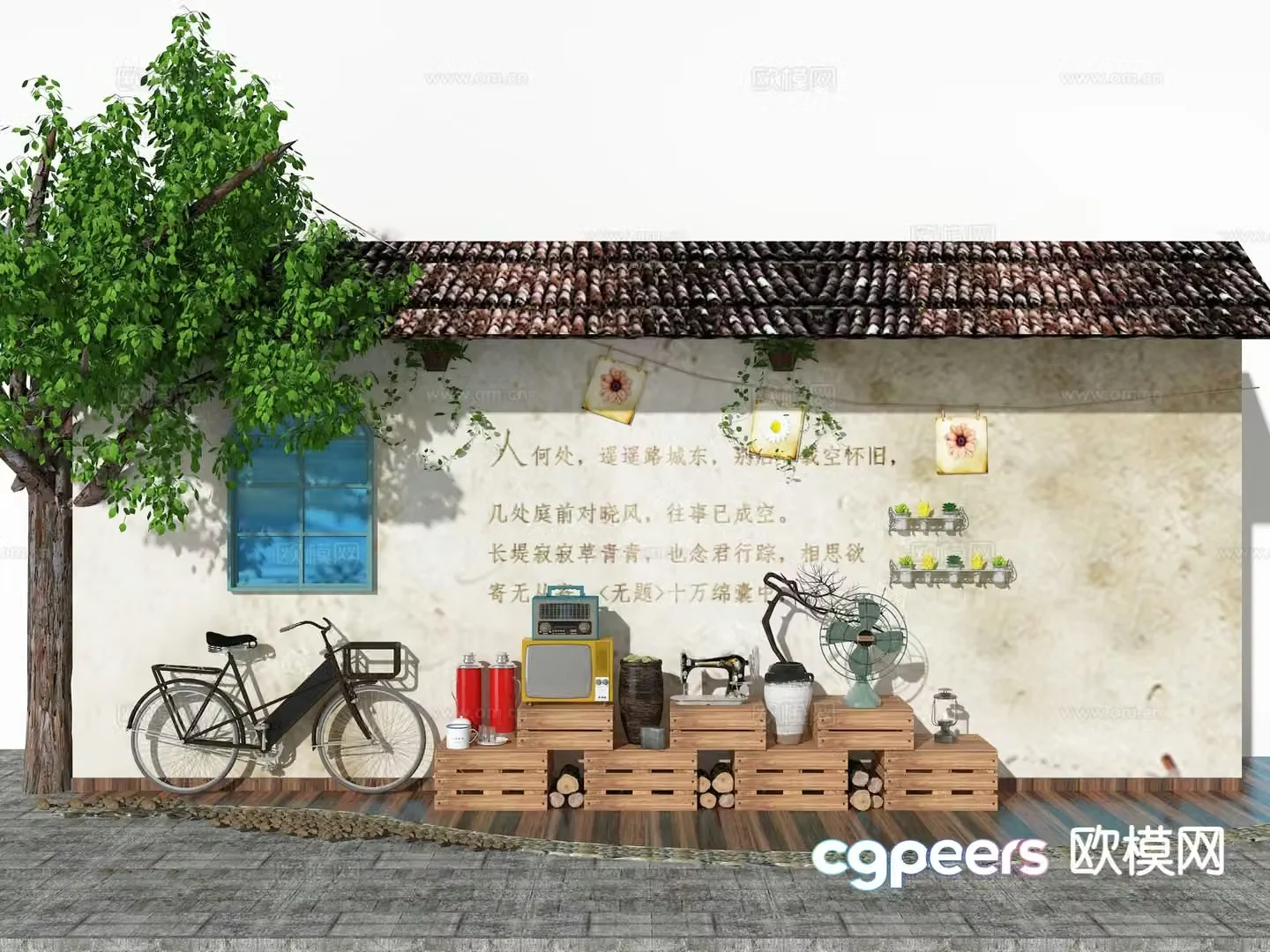 Republic of China retro landscape wall nostalgic landscape wall old furniture 3D model