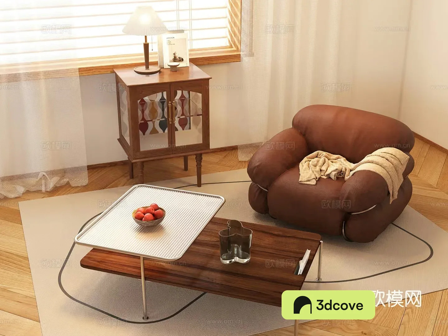 Light luxury single sofa casual sofa leather sofa side corner table lamp carpet