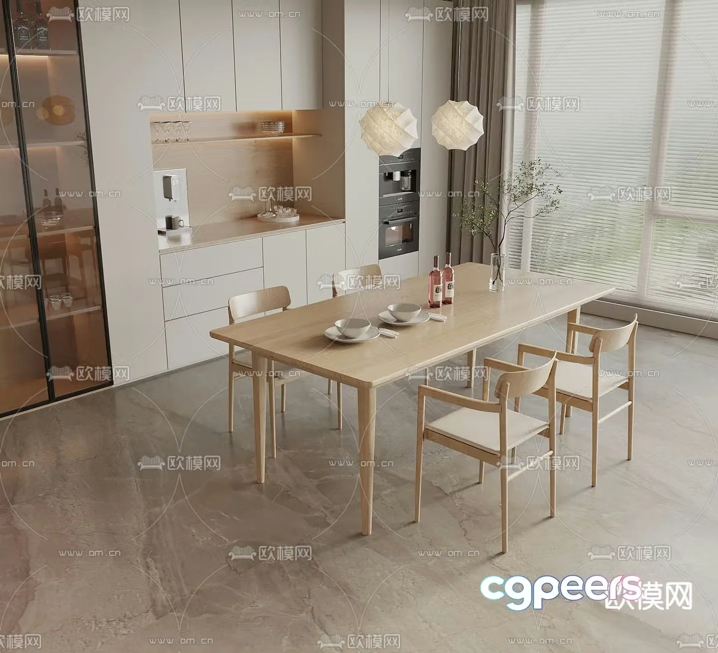 Nordic dining table and chairs strip dining table 3D model