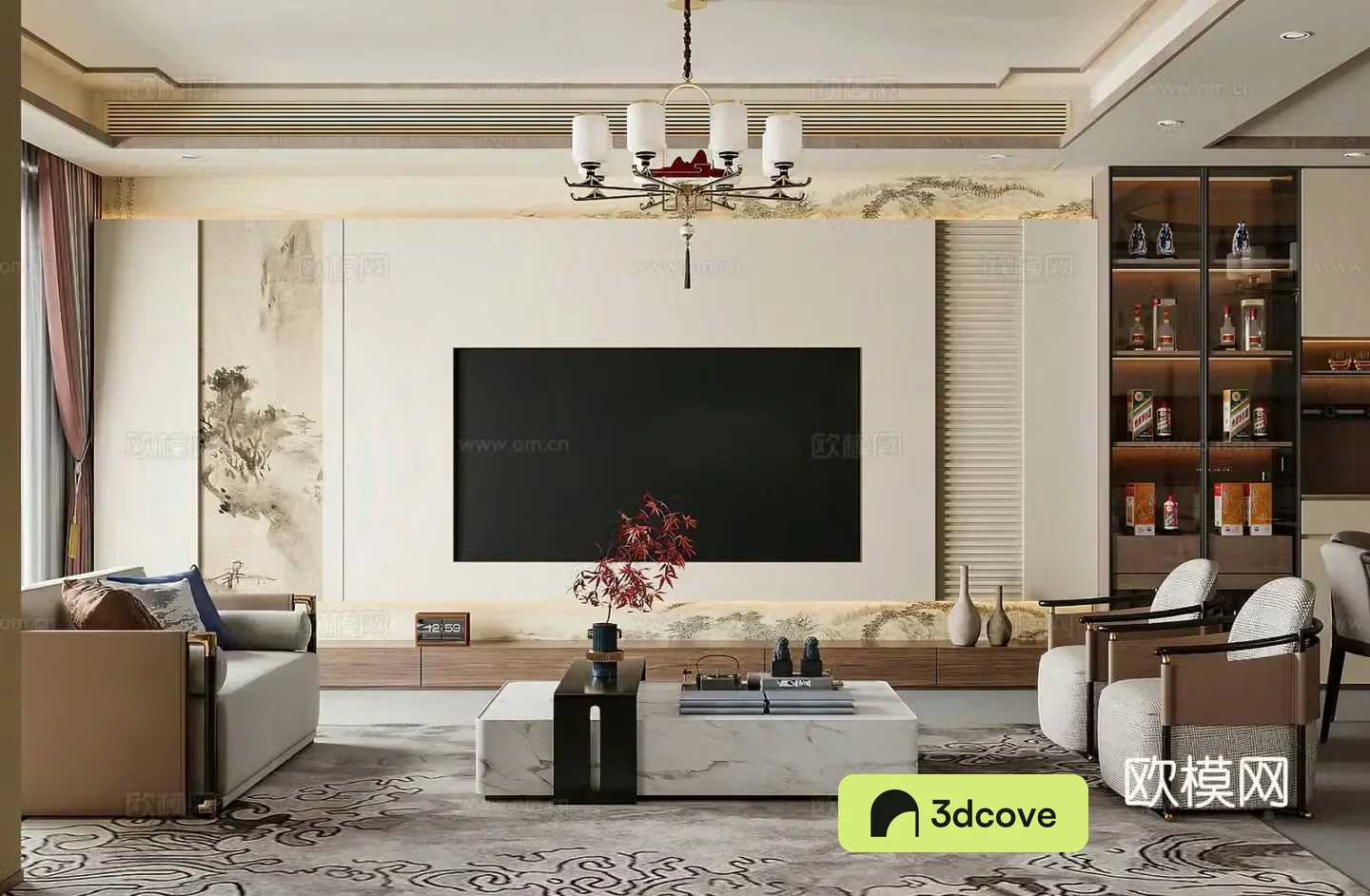 New Chinese style living room TV background wall medieval style living room leisure chair New Chinese style living room