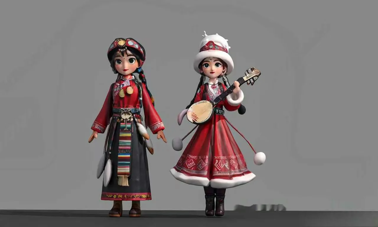 Two Cartoon Girls In Traditional Red Dresses 3D Model – 17170 – VRAY Render