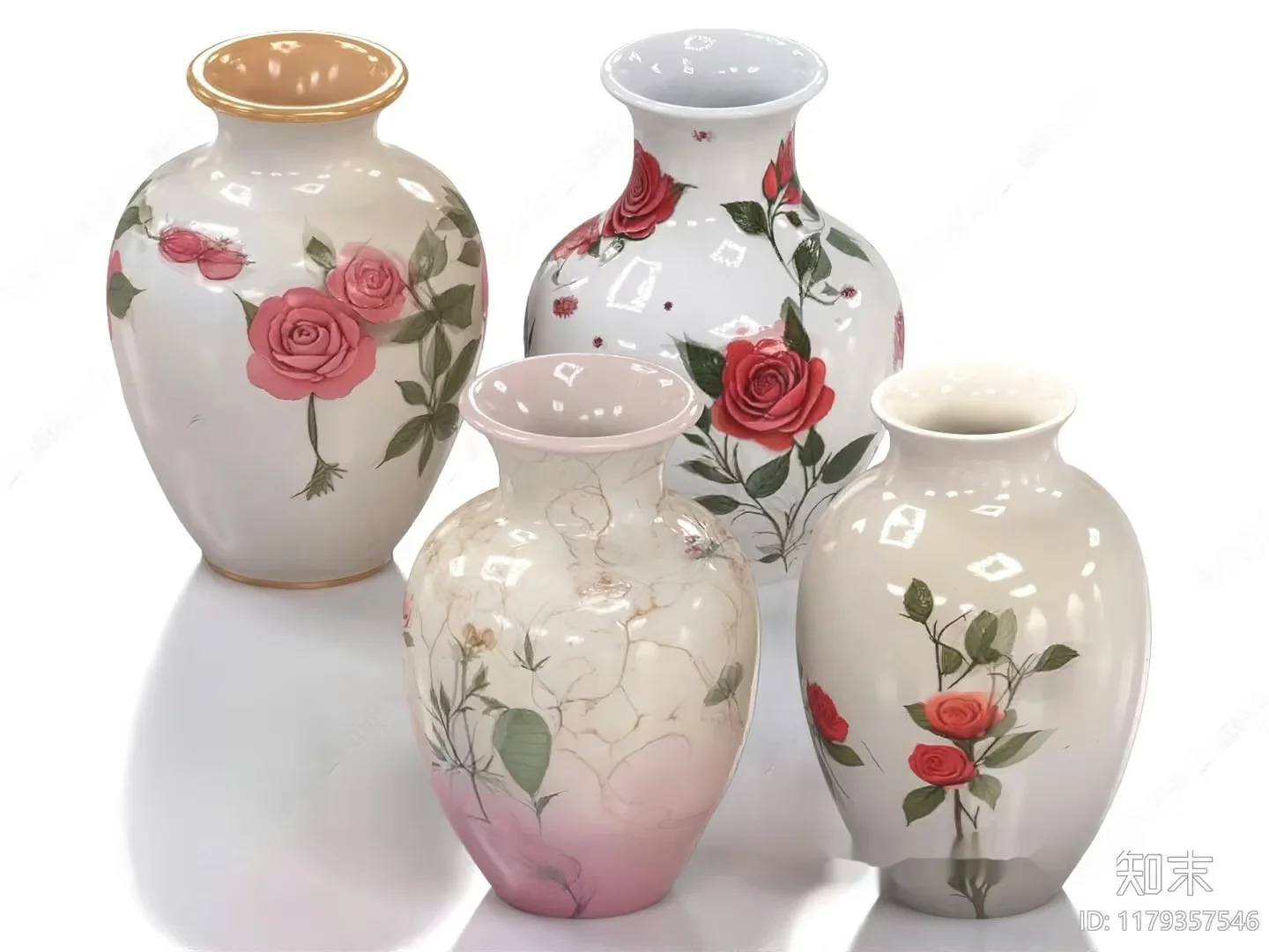 Four Vases With Floral Designs 3D Model – 13938 – VRAY Render