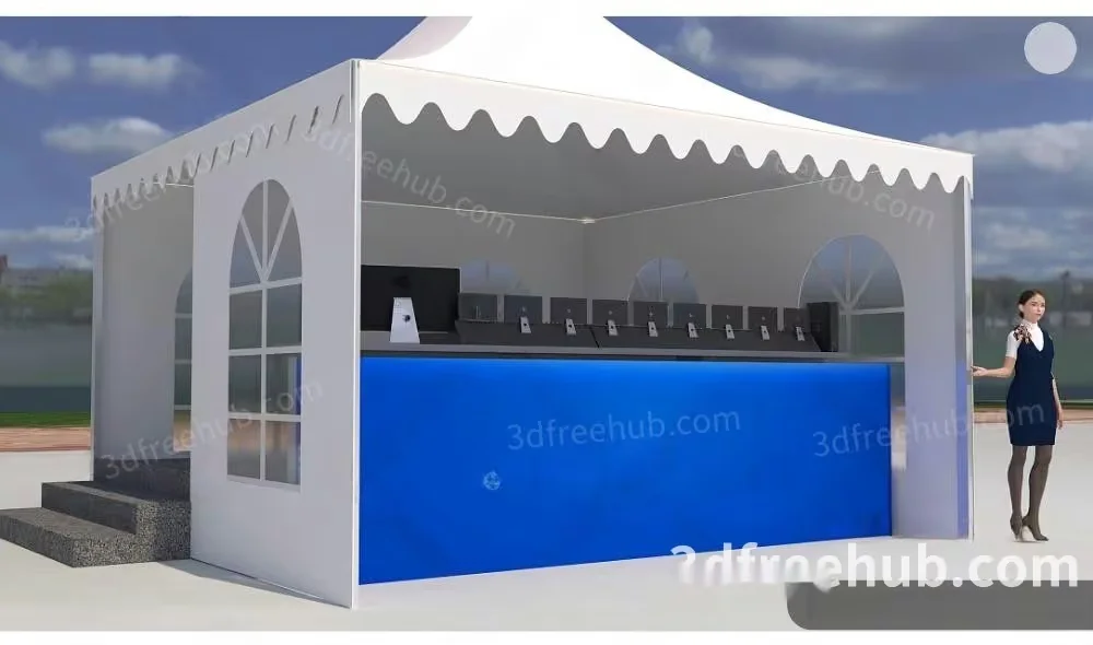 3D Model Of A White Tent With A Blue Counter 3D Model – 19929 – VRAY Render