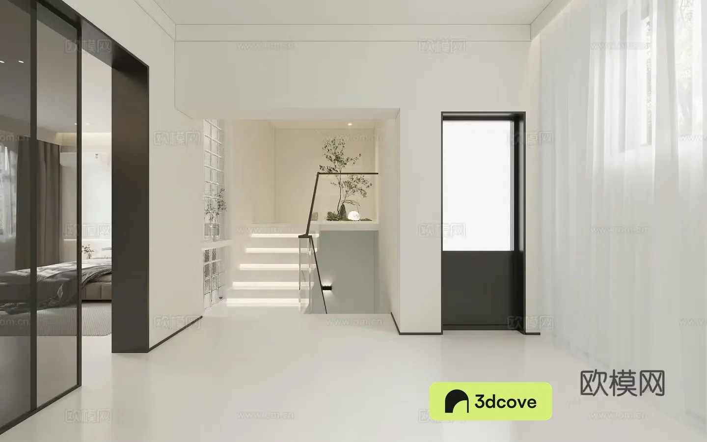 Modern stair landscape landscaping tofu block bed end view entrance staircase glass handrail