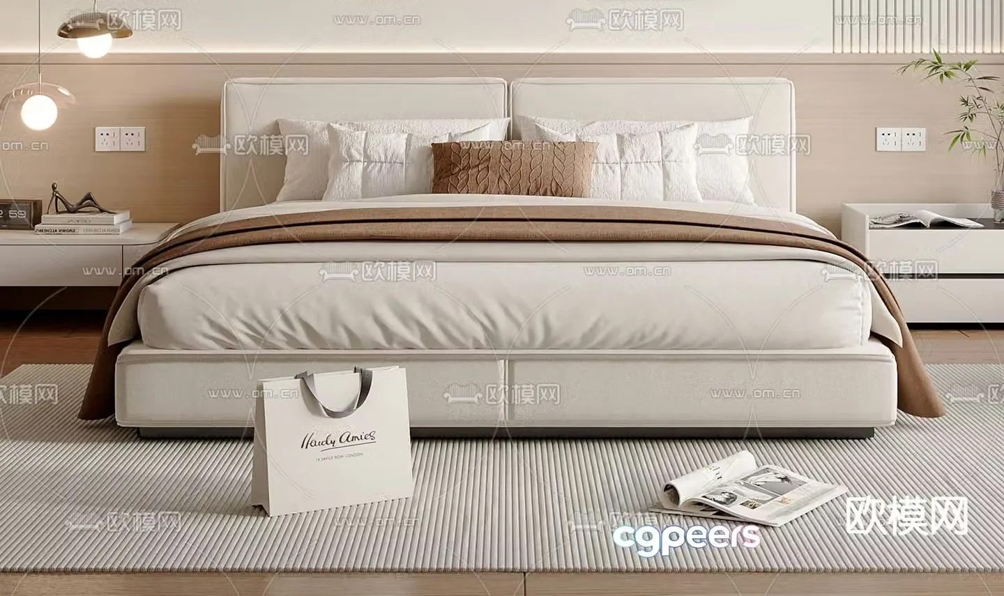 Cream style double bed 3d model