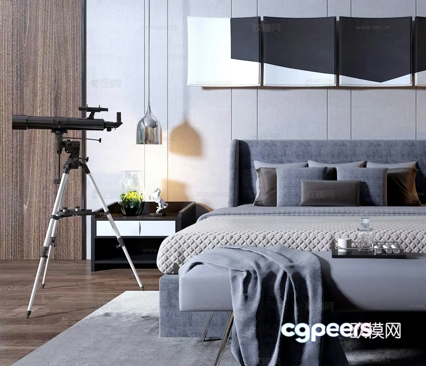 Modern fabric double bed combination double bed hanging painting ornament telescope desk lamp 3D model