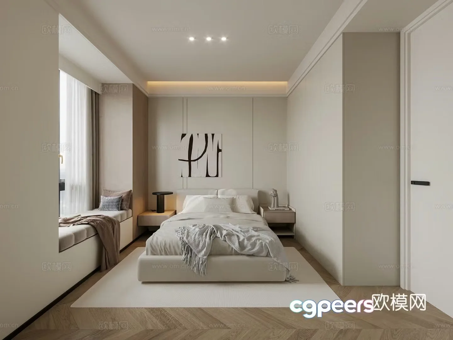 Modern simple bedroom Simple elder room Creamy bedroom Parent room Bathroom Window mat Fish bone ground 3D model