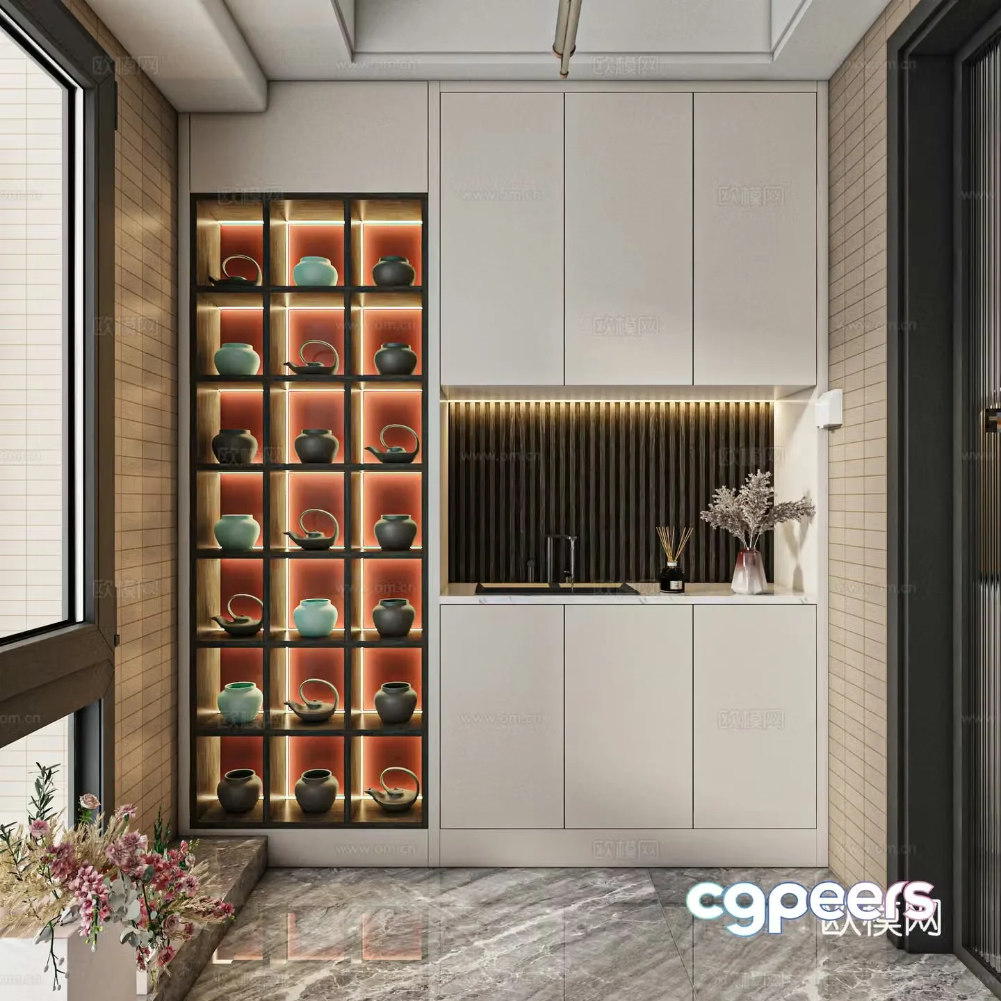 New Chinese style living balcony 3D model