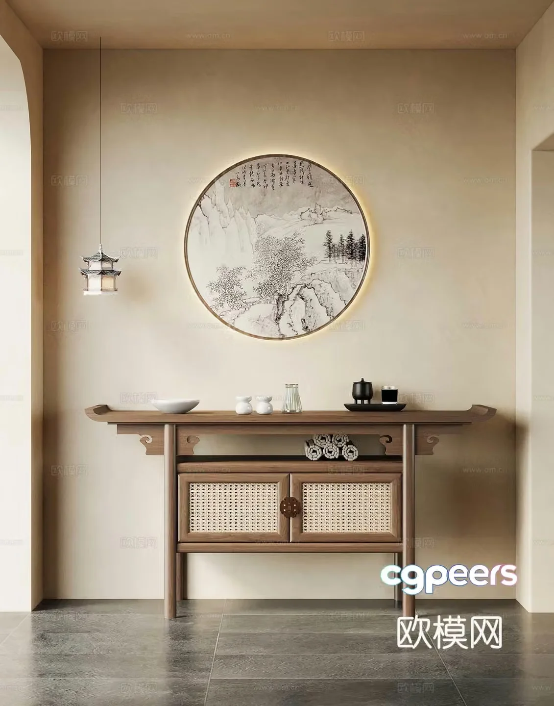 New Chinese style entrance cabinet end view cabinet chandelier 3D model