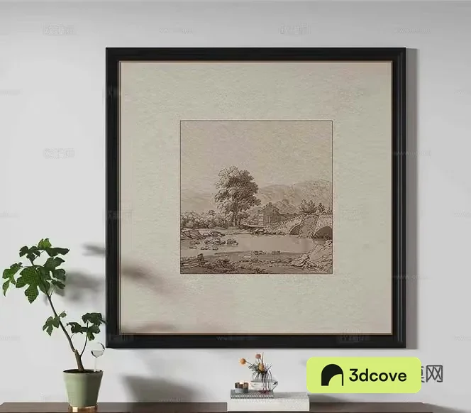The Single Main Subject Is A Framed Picture And It Is A Landscape Drawing