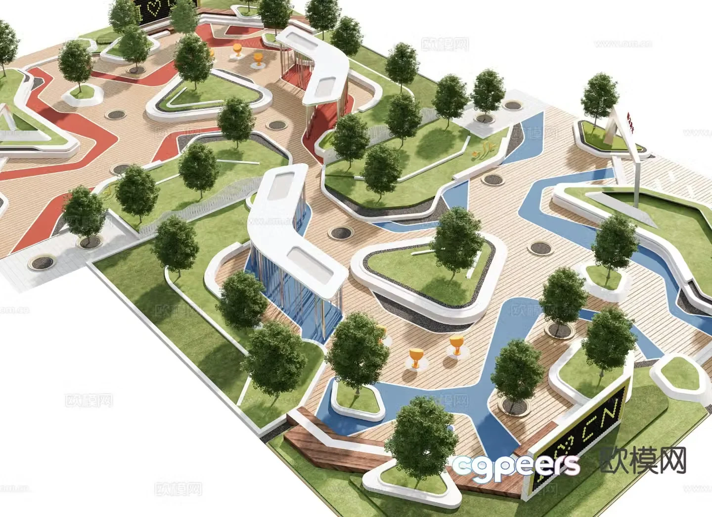 Modern pocket park corner park 3d model