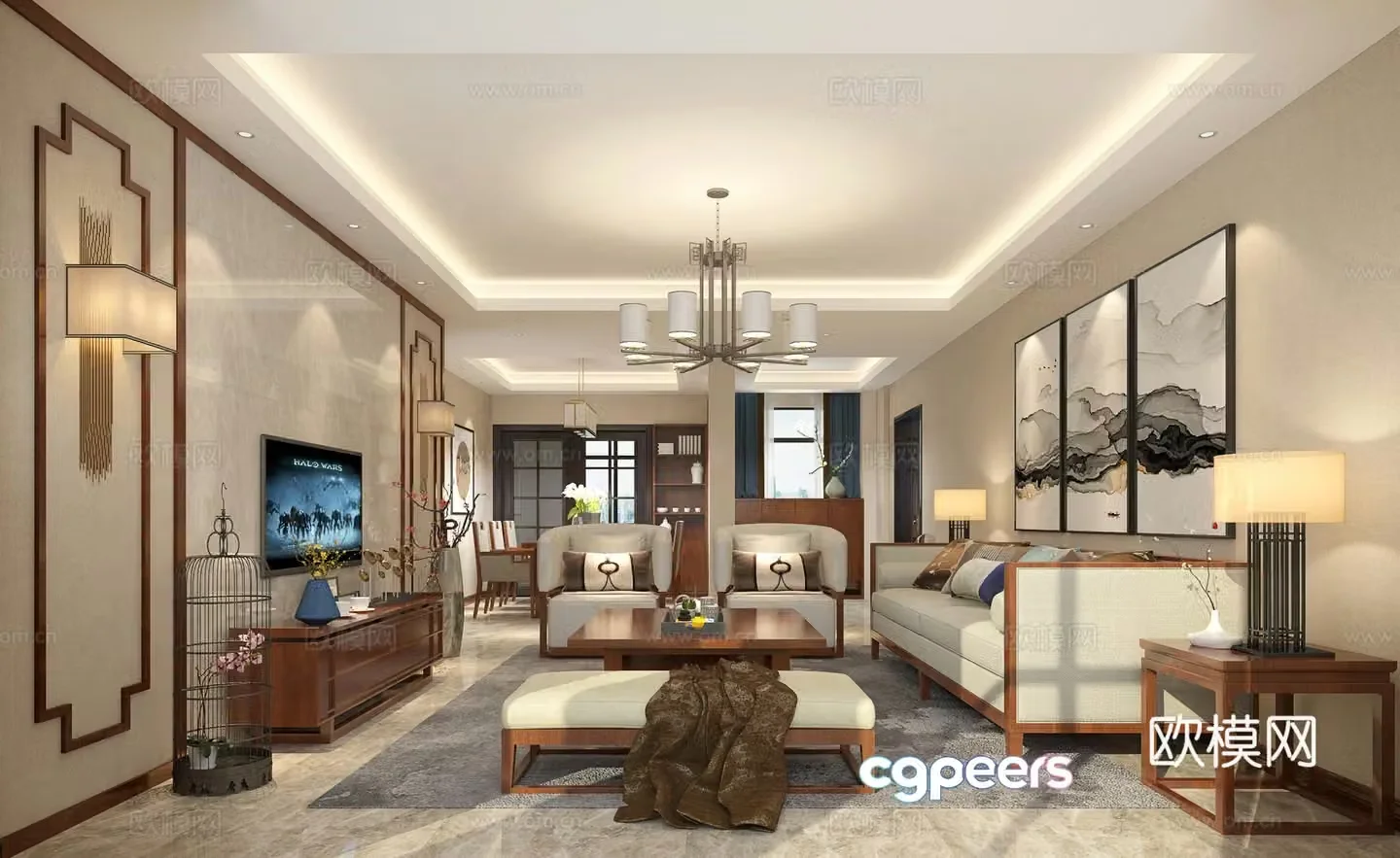 New Chinese style living and dining room sofa coffee table chandeliers desktop ornaments 3D model of hanging paintings